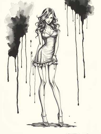 The image is a black and white line drawing depicting a woman wearing a dress with ruffles on the shoulders. The woman has long hair and is standing against a backdrop of black dots, creating an abstract effect that adds depth to the composition.