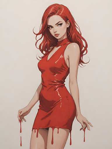 A woman with red hair is standing against a white background wearing a red dress that has a noticeable amount of blood dripping from it.