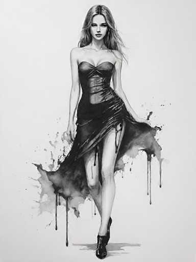 The image is a black and white illustration depicting a woman wearing a strapless dress with a high slit on the side. The woman's hair is styled in loose waves, adding to her elegant appearance. She stands confidently against a plain background, which contrasts with her striking attire.