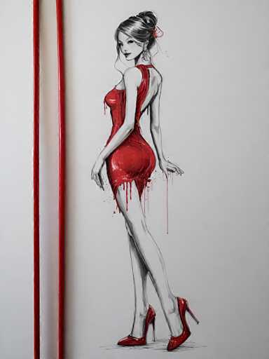 The image depicts a black and white illustration of a woman wearing a red dress with a high neckline and long sleeves. The woman is standing on one leg with her arms resting at her sides. She is positioned in front of a red pole that extends from the top left corner to the bottom right corner, creating a sense of depth in the image.