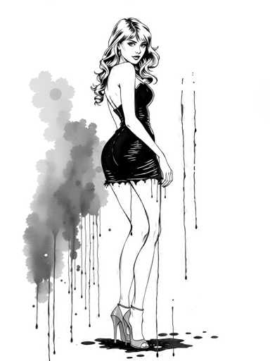 A black and white line drawing depicting a woman with long blonde hair wearing a short dress and high heels standing on a gray floor against a white background.