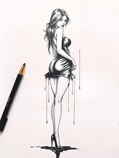 A black and white line drawing of a woman with long hair wearing a dress and heels standing on one leg against a light gray background.