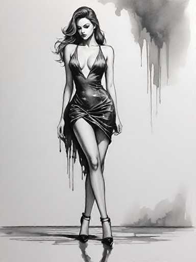 The image is a black and white illustration depicting a woman wearing a strapless dress with a plunging neckline and high slit on the side. The woman's hair is styled in loose waves, adding to her elegant appearance. She stands confidently against a plain gray wall, which contrasts with her outfit and accentuates her figure.