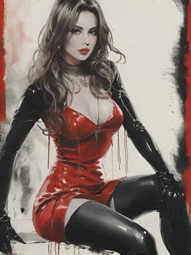A woman is depicted wearing a red dress and black stockings while sitting on the edge of a window sill with her legs crossed.
