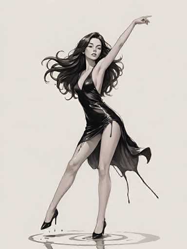 A black and white illustration depicting a woman with long hair wearing a dress and high heels, standing on one leg with her arms outstretched as if dancing or posing for the camera.
