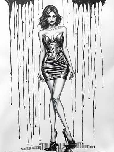 A black and white line drawing depicting a woman wearing a strapless dress with a plunging neckline and high heels. The woman is standing on a wet surface, possibly a puddle or a pool of water, which has been splattered with black paint to create the rain effect.