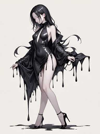 A woman with long dark hair is depicted wearing a black dress and high heels against a white background. The dress has a glossy finish that reflects light, adding depth to the image. The woman's pose suggests she is in motion or about to step forward, creating a sense of dynamism.