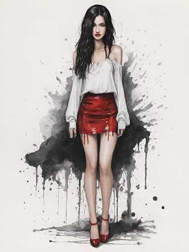 The image depicts a woman standing against a white background with black splatters and drips around her. She is wearing a red skirt and a white top, which contrasts with the dark splatter pattern on the background. The woman's pose suggests she is facing forward, possibly posing for the photo or simply observing her surroundings.