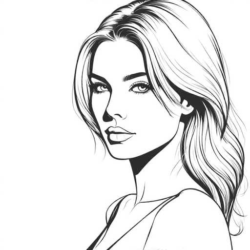 A black and white line drawing depicting a woman with long blonde hair wearing a sleeveless top against a plain white background.