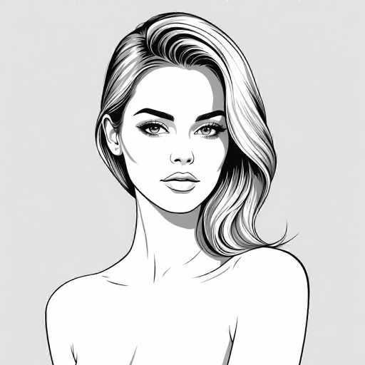 The image is a black and white line drawing depicting a woman with blonde hair styled in loose waves. The woman's face is the central focus of the illustration, which is rendered in a realistic style. The artist has used shading techniques to create depth and dimension, giving the drawing a three-dimensional appearance despite its two-dimensional nature.