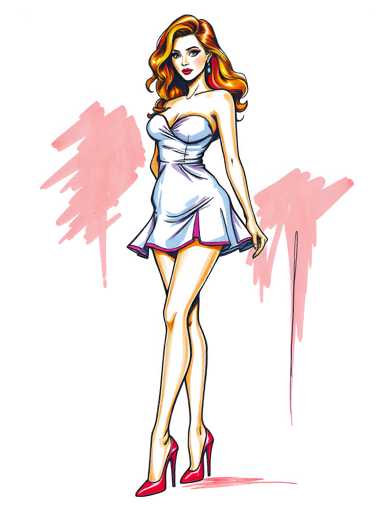 The image depicts a woman wearing a white dress with pink accents and red heels. She is standing against a white background, which contrasts with her colorful attire. The woman's pose suggests she might be posing for the photo or simply walking in front of it.