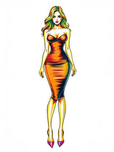 A woman is standing against a white background wearing an orange dress and pink shoes.