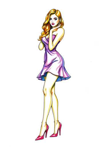 A woman with blonde hair and red lips is standing against a white background wearing a pink dress and high heels.
