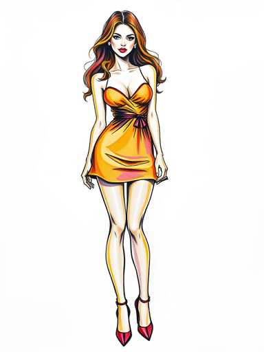 A woman is depicted wearing an orange dress with a halter neckline and red heels against a white background.