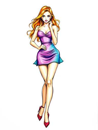 A woman with long blonde hair and a short dress is standing on her tiptoes against a white background. She has red heels on and is looking down at the ground.