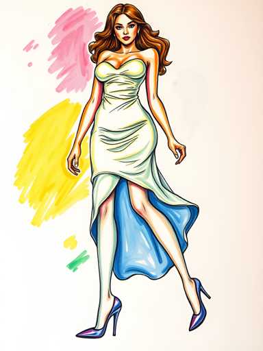 A woman is depicted wearing a white dress with blue sleeves and high heels against a light pink background. The woman's hair is styled in loose waves, adding to the overall elegance of her appearance.