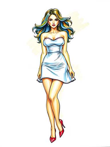 A woman with long blonde hair and blue eyes is depicted wearing a white dress and red heels against a stark white background. The image does not contain any text or other objects, focusing solely on the woman's attire and pose.