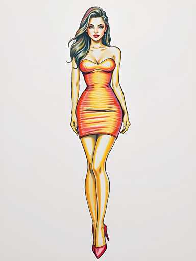 A woman is standing on her tiptoes with her legs crossed and wearing a red dress that matches the color of her heels. The background is white, providing a stark contrast to the vibrant colors of the dress and shoes.