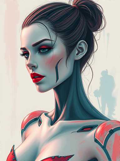 The image depicts a woman with striking red lipstick and dark hair wearing a futuristic outfit that includes a helmet and armor. The background is a light blue color with white splatters scattered throughout, creating an abstract and surreal atmosphere.