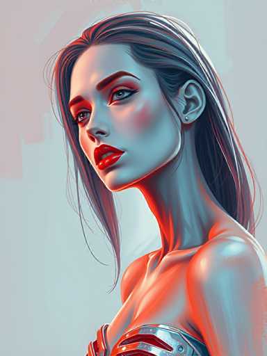 The image depicts a woman with long blonde hair wearing a silver dress and red lipstick. The background is a light blue color that contrasts with the darker tones of her face and body.