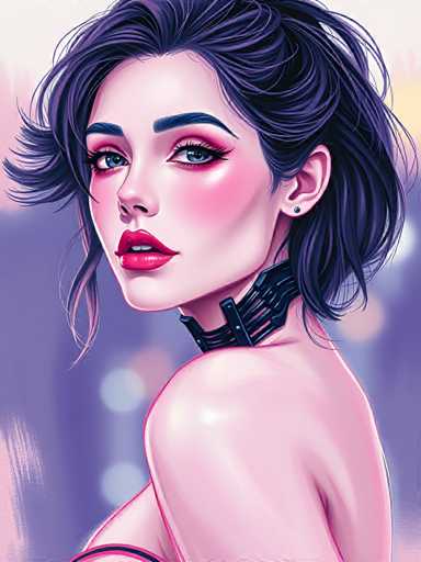 The image depicts a woman with long dark hair wearing a black choker necklace and makeup that includes pink lipstick. The background is a gradient of purple and white colors.