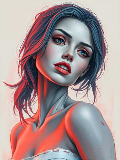 The image shows a close-up portrait of a woman with long hair and blue eyes. The woman is wearing a white dress that contrasts with the pinkish hue of her skin tone. Her gaze is directed towards the left side of the frame, creating an air of mystery or intrigue.