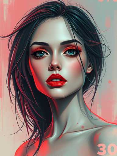 The image shows a close-up portrait of a woman with long dark hair and striking red lipstick. The background is a gradient of pink and white colors that creates a soft glow around the subject's face. The artist has used a realistic style to depict the woman's features in detail, capturing her facial expression and the contours of her face.