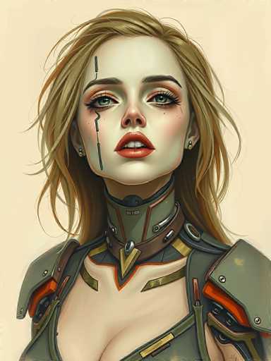 The image depicts a woman with blonde hair and green eyes wearing a futuristic outfit that includes a helmet with a skull design on the front. The background is a light beige color, providing a neutral backdrop for the woman's striking appearance.