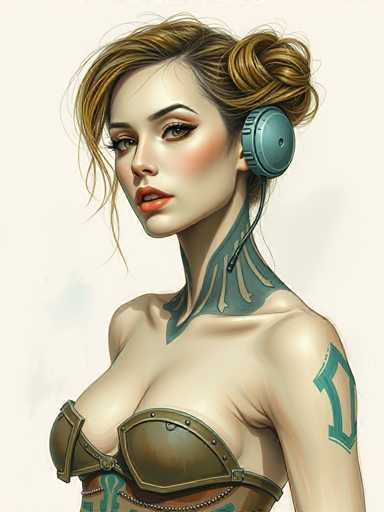 The image depicts a woman with blonde hair and bright green eyes wearing a gold bra top and headphones on her ears. She is standing against a white background, which contrasts with the blue wall behind her. The woman's face is turned to the side, giving a profile view of her appearance.