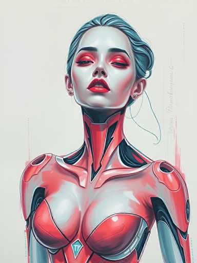 The image depicts a woman with blue hair and red lipstick standing against a white background. The woman is wearing a red bodysuit that has a metallic sheen, giving it an futuristic appearance. The woman's gaze is directed off to the side, suggesting a moment of contemplation or deep thought.