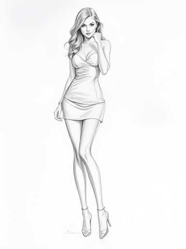 A black and white line drawing depicting a woman with long hair wearing a short dress and high heels posing confidently against a plain gray background.
