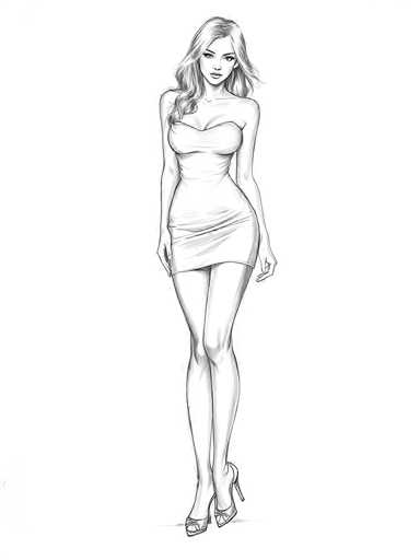 A black and white line drawing depicting a woman wearing a strapless dress with her left hand resting on her hip and her right hand lightly touching the ground. The background is a solid color of brown, providing contrast to the stark lines and shapes in the foreground.