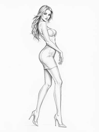 A black and white line drawing depicting a woman with long hair wearing a short dress and high heels. The woman is standing against a gray background, facing the viewer directly.