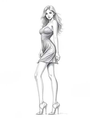 A black and white line drawing depicting a woman with long blonde hair wearing a strapless dress and high heels. The woman is standing against a plain background of the same color as her dress, creating a monochromatic effect that emphasizes the subject's features.