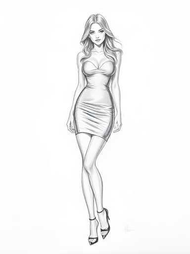 A black and white line drawing depicting a woman wearing a strapless dress with a high neckline and thin straps. The woman is standing on one leg with her arms crossed over her chest in a relaxed pose.
