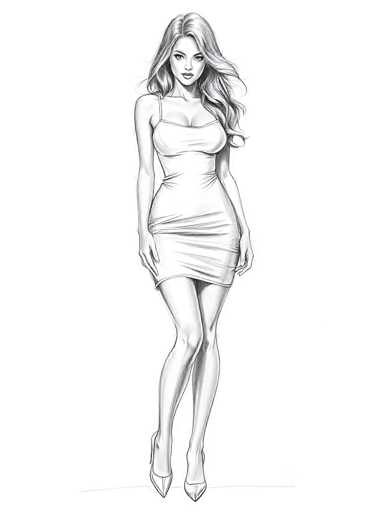 A black and white line drawing depicting a woman wearing a strapless dress with her left hand resting on her hip and her right hand lightly touching the ground. The background is a solid color of brown, providing a stark contrast to the woman's figure.