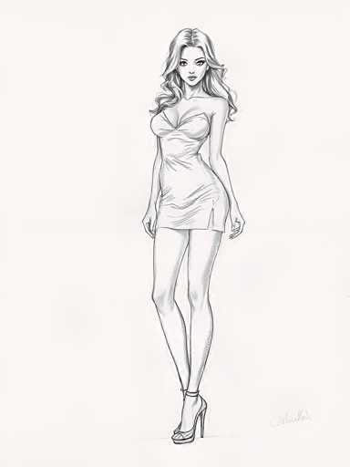 A black and white line drawing depicting a woman with long blonde hair wearing a strapless dress and high heels. The woman is standing on one leg with her arms crossed over her chest, facing the viewer directly.