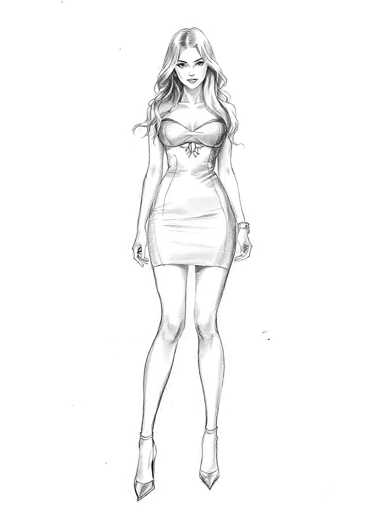 A black and white line drawing depicting a woman wearing a short dress with a high neckline and strappy heels. The woman is standing against a plain white background, facing the viewer directly.