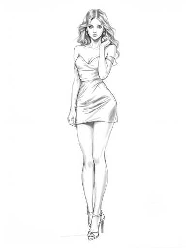 A black and white line drawing depicting a woman with long blonde hair wearing a strapless dress and high heels. The woman is standing on one leg with her hand resting on her hip.