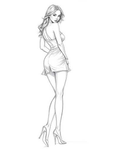 A black and white line drawing depicting a woman with long hair wearing a short dress and high heels standing against a plain white background.