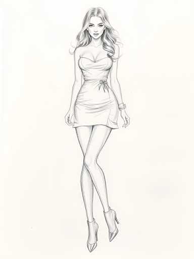 A black and white line drawing depicting a woman with long blonde hair wearing a strapless dress and high heels. The woman is standing on one leg with her arms crossed over her chest, facing to the right side of the image.