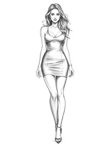 A black and white line drawing depicting a woman wearing a short dress with her left hand resting on her hip and her right hand lightly touching the ground. The background is a solid color of brown, providing a contrast to the stark lines and shapes in the foreground.