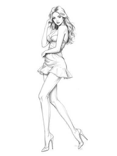 A black and white line drawing depicting a woman with long blonde hair wearing a short dress and high heels. The woman is standing against a plain white background, facing the viewer directly.