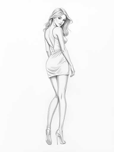 A black and white line drawing depicting a woman with long blonde hair wearing a short dress and high heels against a plain white background.