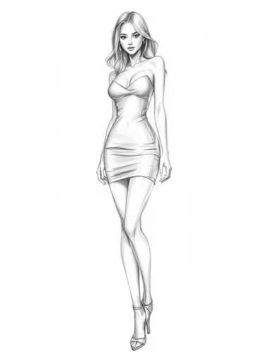 A black and white line drawing depicting a woman wearing a strapless dress with high heels. The woman is standing on one leg, facing the viewer directly.