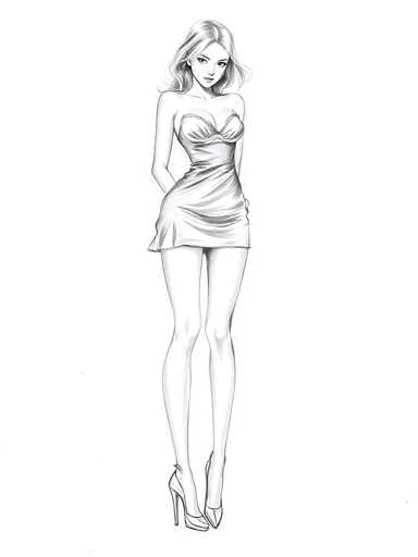 A black and white line drawing depicting a woman with long blonde hair wearing a strapless dress and high heels against a plain gray background.
