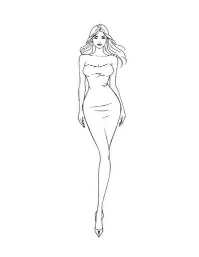A black and white line drawing depicting a woman with long blonde hair wearing a strapless dress and high heels walking on the left side of the image.