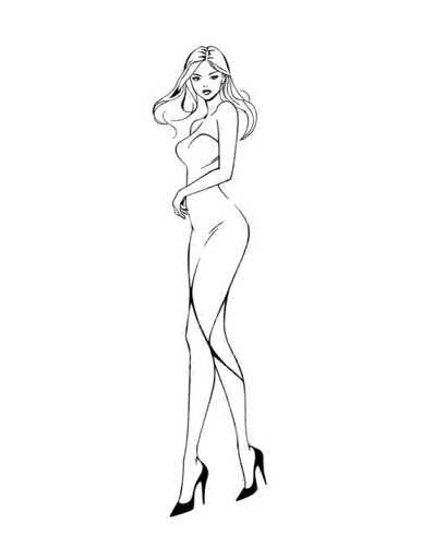 A black and white line drawing depicting a woman with long hair wearing a strapless dress and high heels. The woman is standing against a plain gray background, facing the viewer directly.