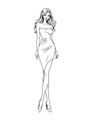 A black and white line drawing depicting a woman with long blonde hair wearing a strapless dress and high heels. The woman is standing on one leg with her arms crossed over her chest, facing to the right side of the image.
