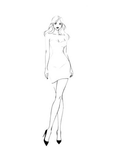 A black and white line drawing depicting a woman with long blonde hair wearing a short dress and high heels. The woman is standing against a plain gray wall, facing the viewer directly.